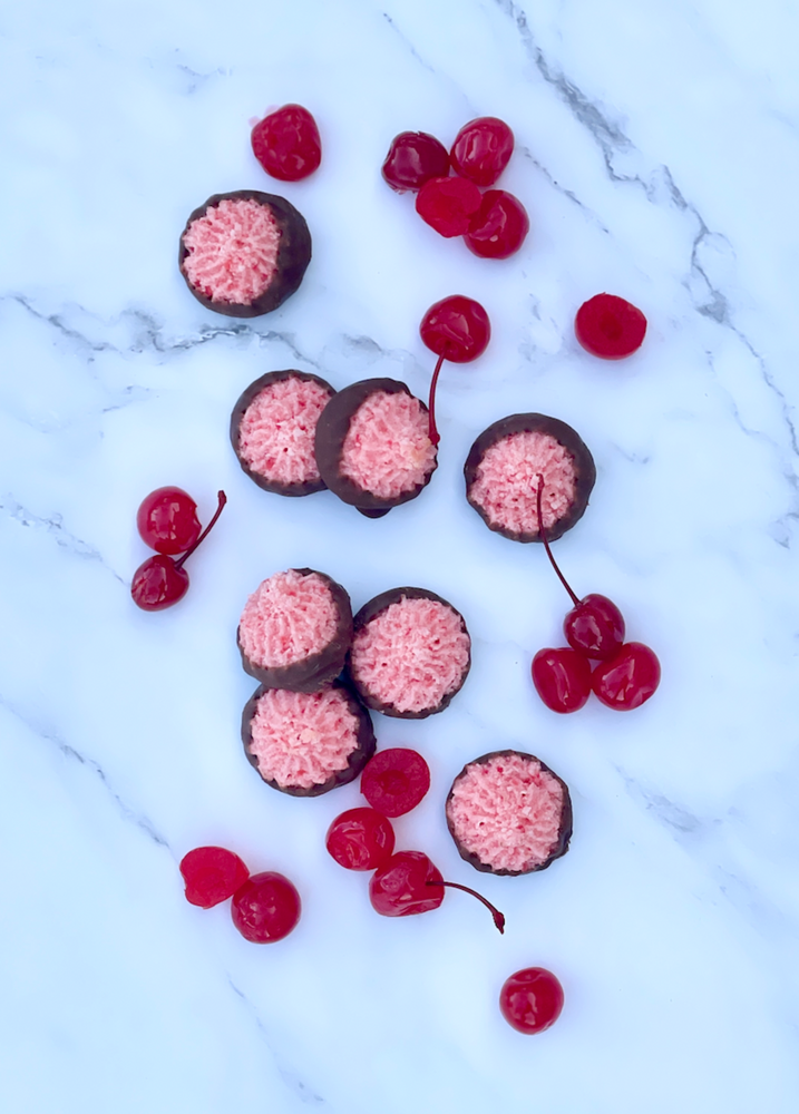 Maraschino Cherry Macaroons Dipped in Milk Chocolate